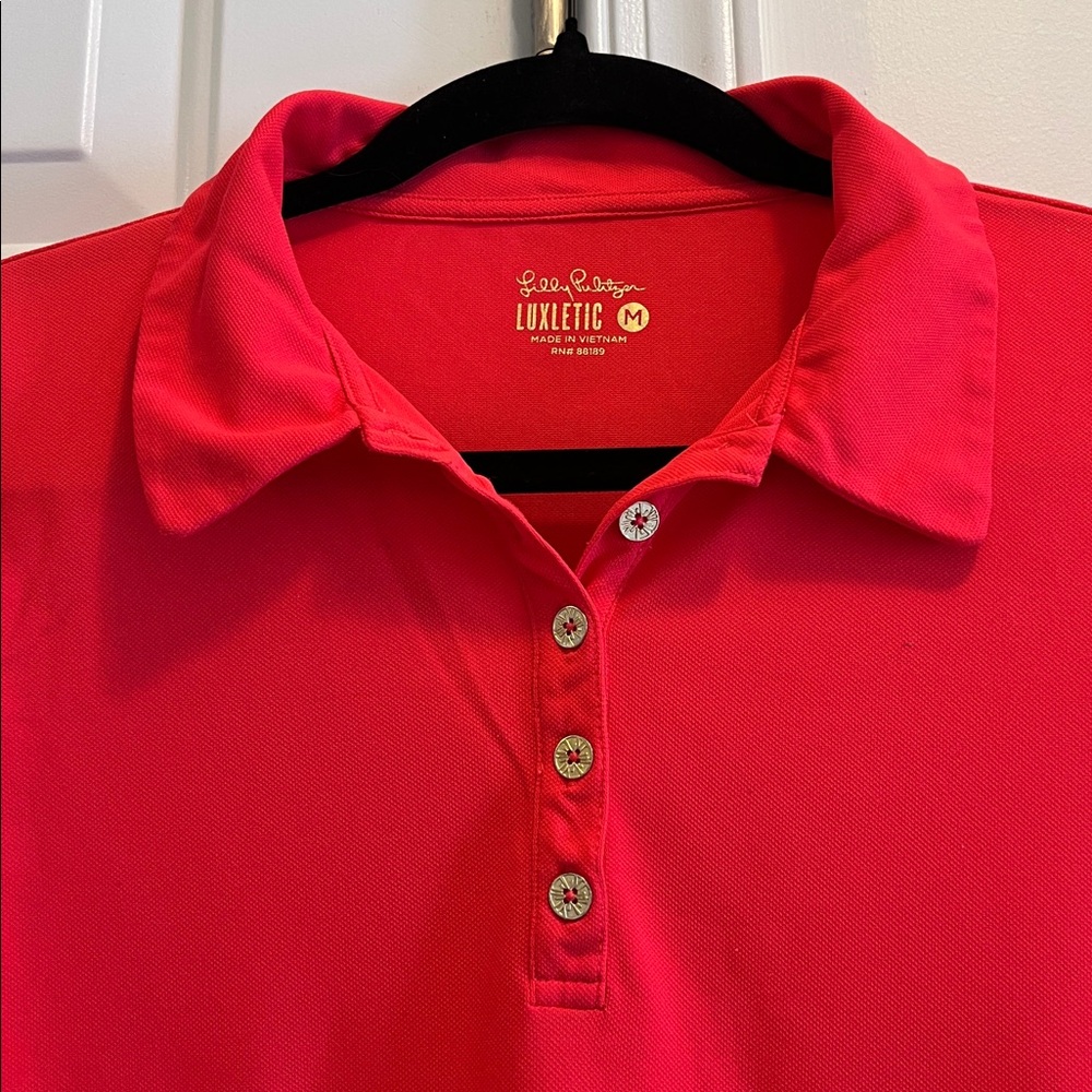 LILLY PULITZER Luxletic red polo shirt puff sleeves size Medium - Picture 4 of 5